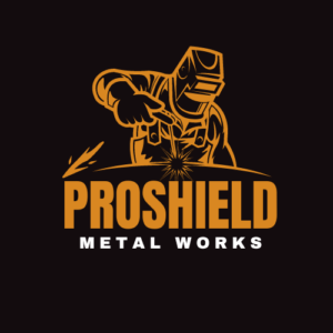Proshield Metal Works – Custom Welding & Fabrication Illustration Illustration of a welder in action with sparks flying and "Proshield Metal Works" text below.